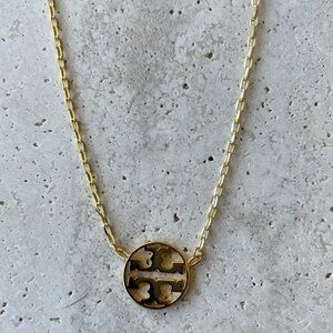 Tory Burch Polished Gold Double-T Round Pendant Necklace